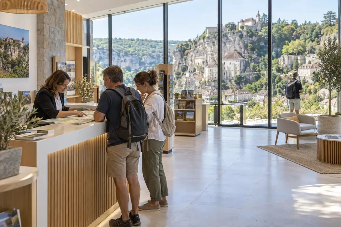 Office de tourisme du Lot à Rocamadour devant la cité médiévale