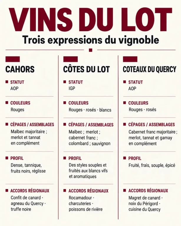 Vins Lot : infographie comparative entre Cahors, Côtes du Lot et Coteaux du Quercy