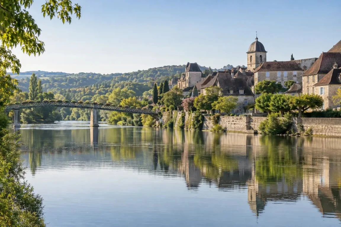 Tourisme autour de Beaulieu-sur-Dordogne : vue sur le village médiéval, les quais et la Dordogne