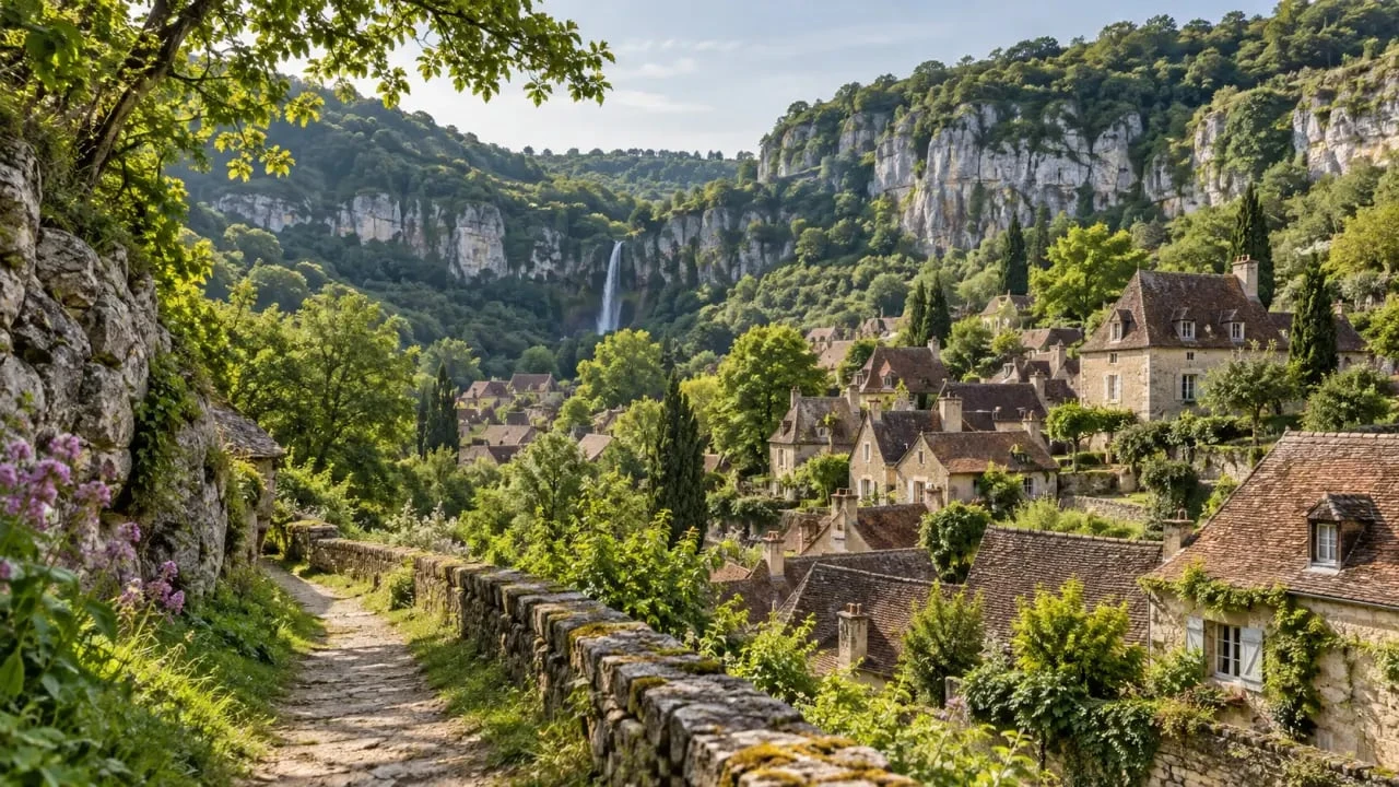 Balades Lot à Autoire entre maisons en pierre, vallon et cascade
