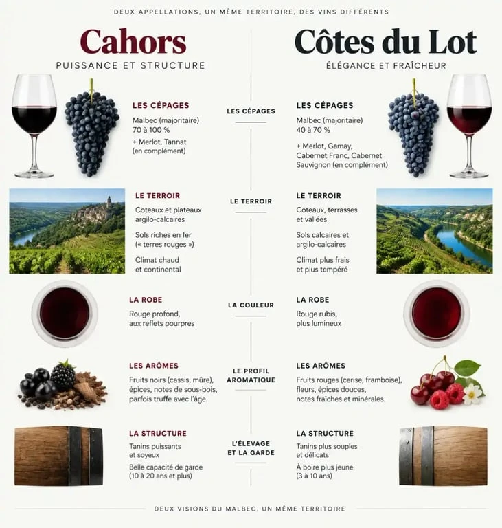 Infographie comparative des meilleurs vins du Lot entre Cahors et Côtes du Lot