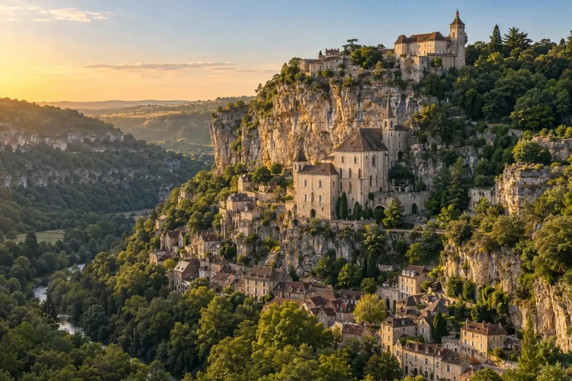 Rocamadour Lot ou Dordogne : vue panoramique de la cité médiévale dans le Lot