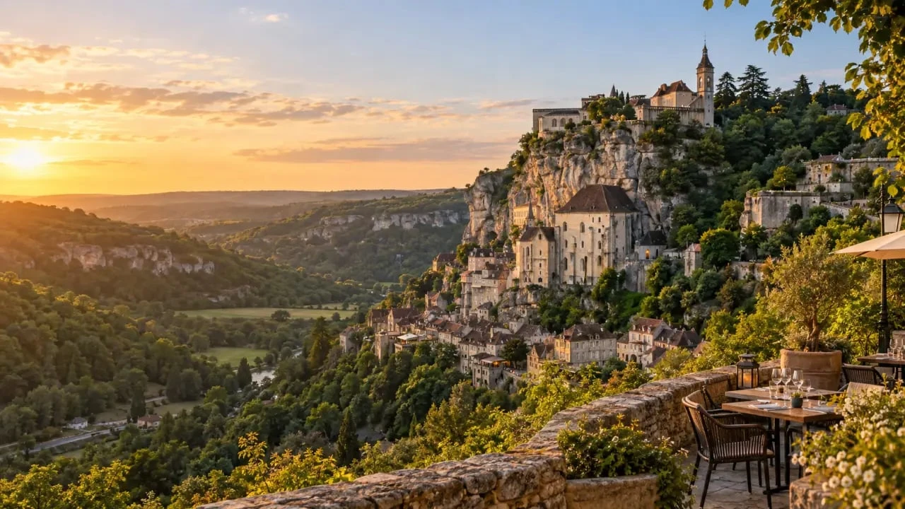 Vue panoramique de Rocamadour dans le Lot depuis un restaurant