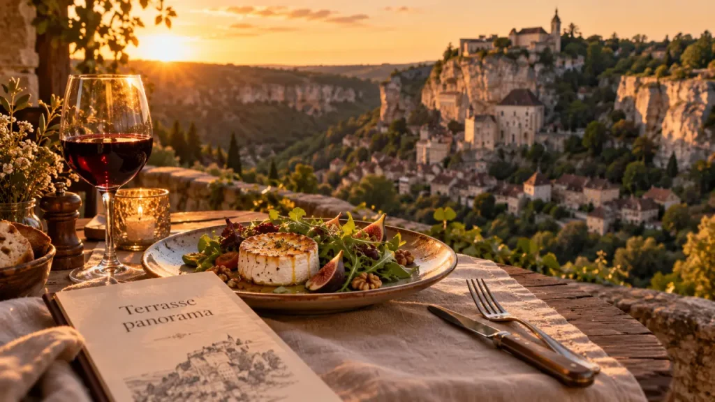 Restaurant rocamadour lot : vue terrasse panorama, rochers et table avec vin