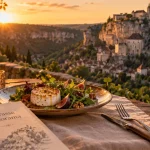Restaurant rocamadour lot : vue terrasse panorama, rochers et table avec vin