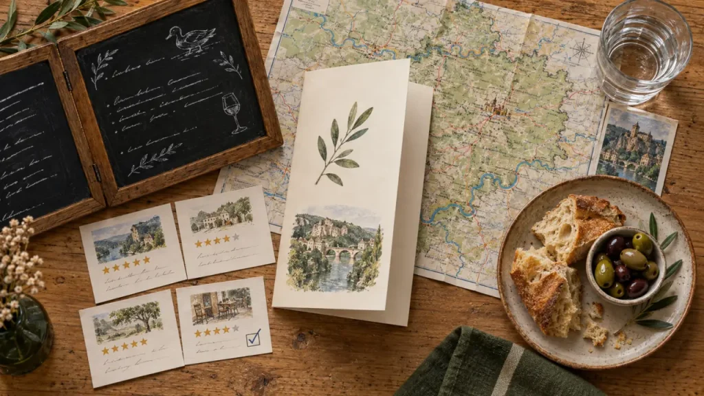 Restaurants Cahors Lot : table avec menu et avis de réservation