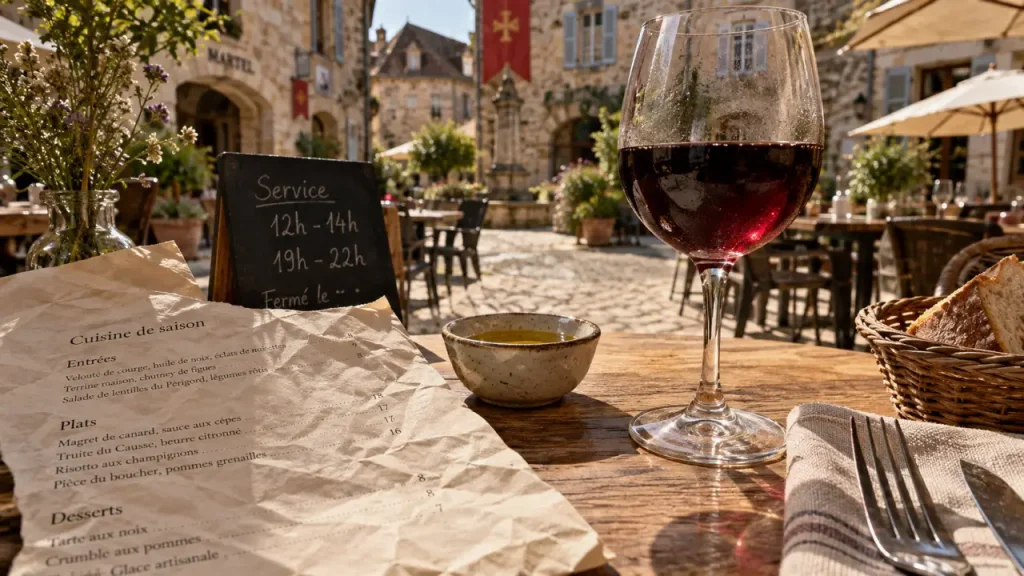 Restaurants Martel Lot : table sur terrasse en pierre, menu et vin rouge
