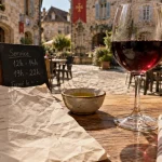 Restaurants Martel Lot : table sur terrasse en pierre, menu et vin rouge