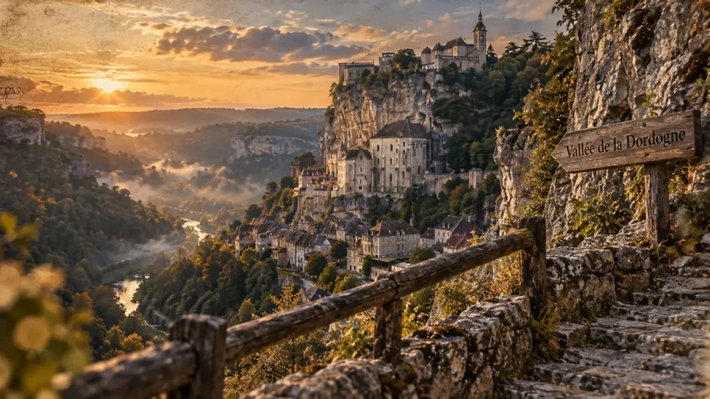 Rocamadour Lot ou Dordogne, vallée de l’Alzou en brume légère