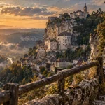 Rocamadour Lot ou Dordogne, vallée de l’Alzou en brume légère