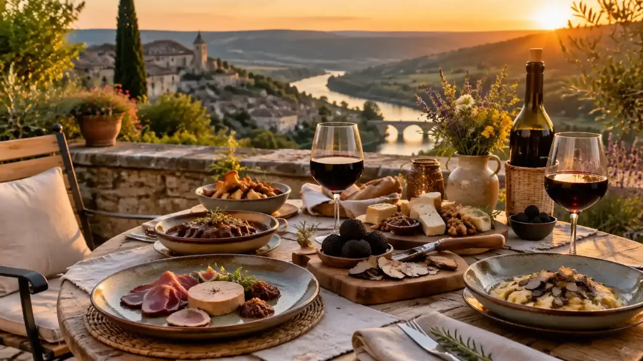 Illustration d’une table en terrasse avec vue sur une vallée