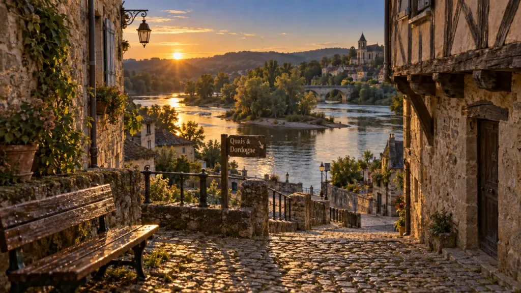 Tourisme autour de beaulieu sur dordogne : quais de la Dordogne au golden hour, vue depuis une ruelle
