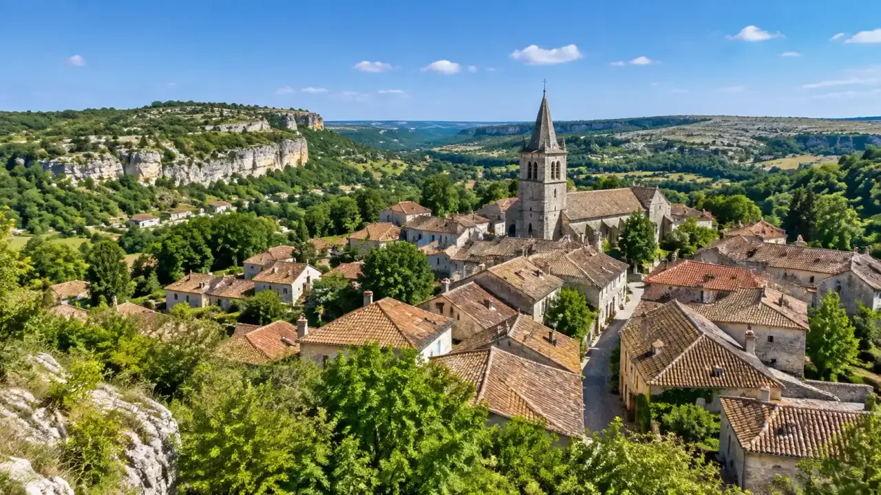 Illustration d’un village en pierre entouré de falaises et de verdure