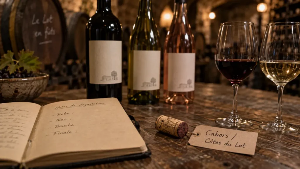 Vins lot : trois bouteilles (Cahors, Côtes du Lot, rosé) en cave
