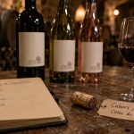 Vins lot : trois bouteilles (Cahors, Côtes du Lot, rosé) en cave