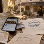 Bar le lion d'or : carte routière et fiche Gémozac sur table
