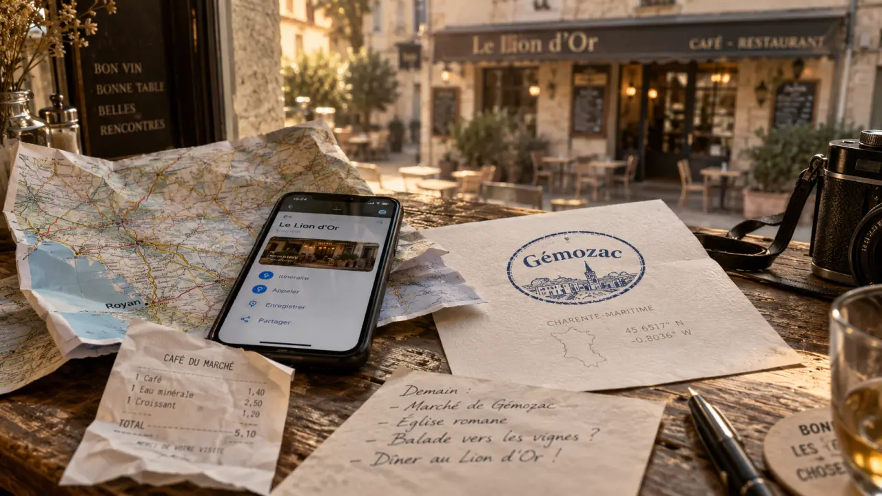 Bar le lion d'or : carte routière et fiche Gémozac sur table