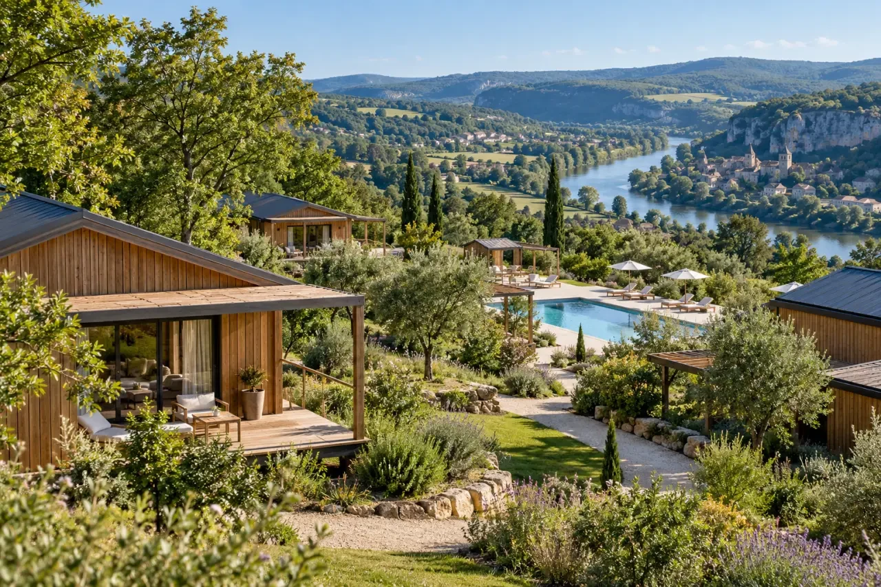 Village vacances Lot avec chalets, piscine et paysage verdoyant de la vallée du Lot