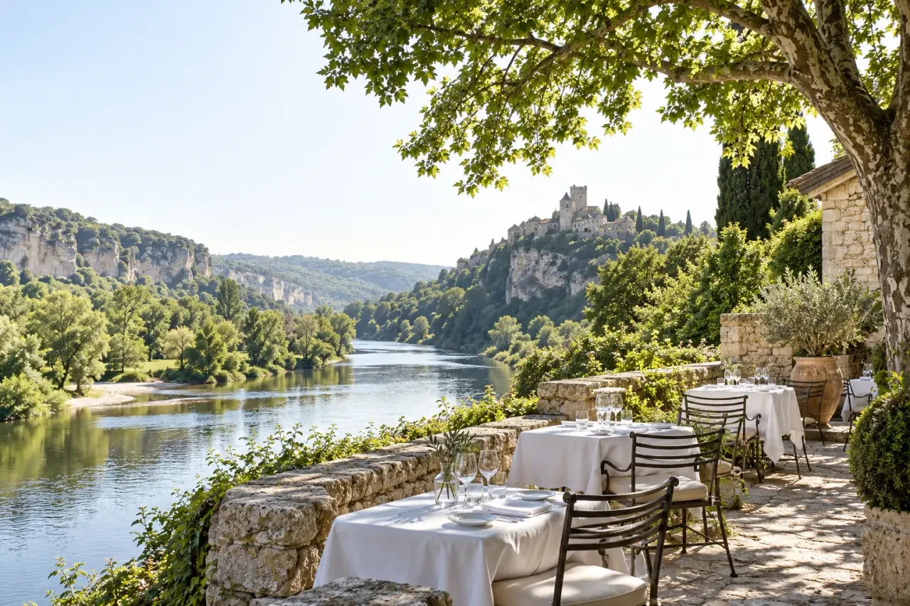 Restaurant à Lacave dans le Lot au bord de la rivière, dans un cadre naturel
