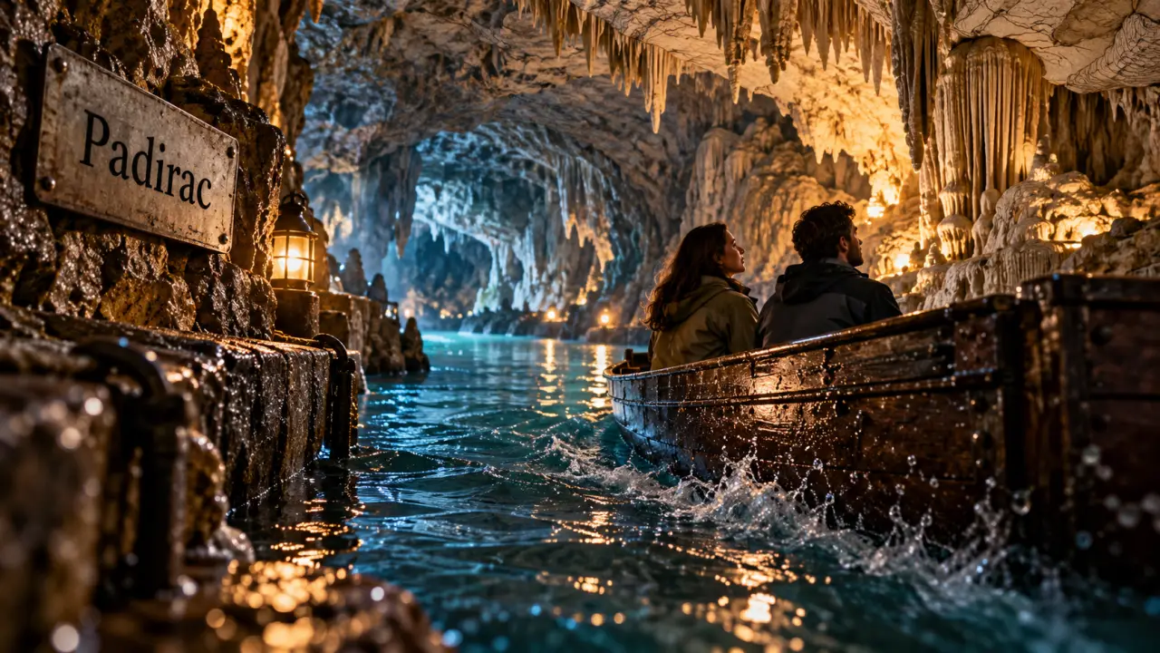 Grottes du Lot : barque à Padirac dans une grotte souterraine