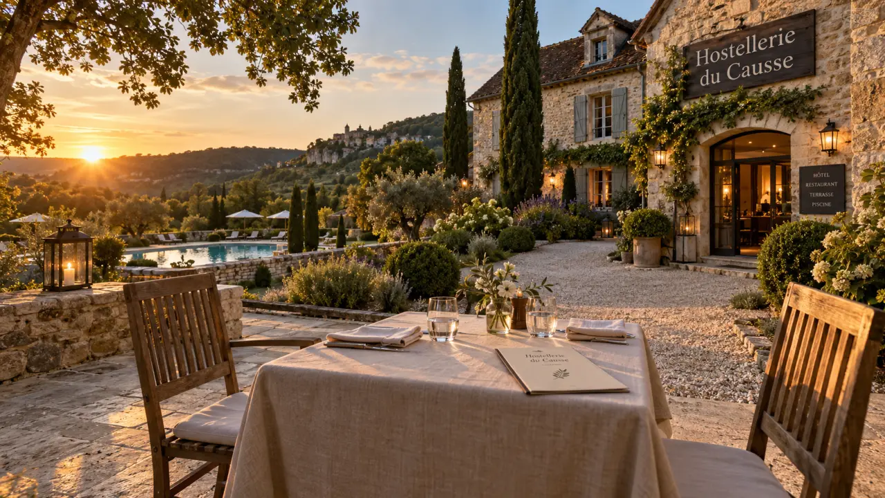 Hostellerie des causses à Gramat : terrasse et piscine d’un hôtel 3 étoiles