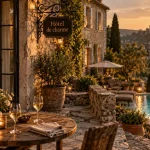Hotel de charme dans le lot : terrasse et piscine chauffée au coucher du soleil