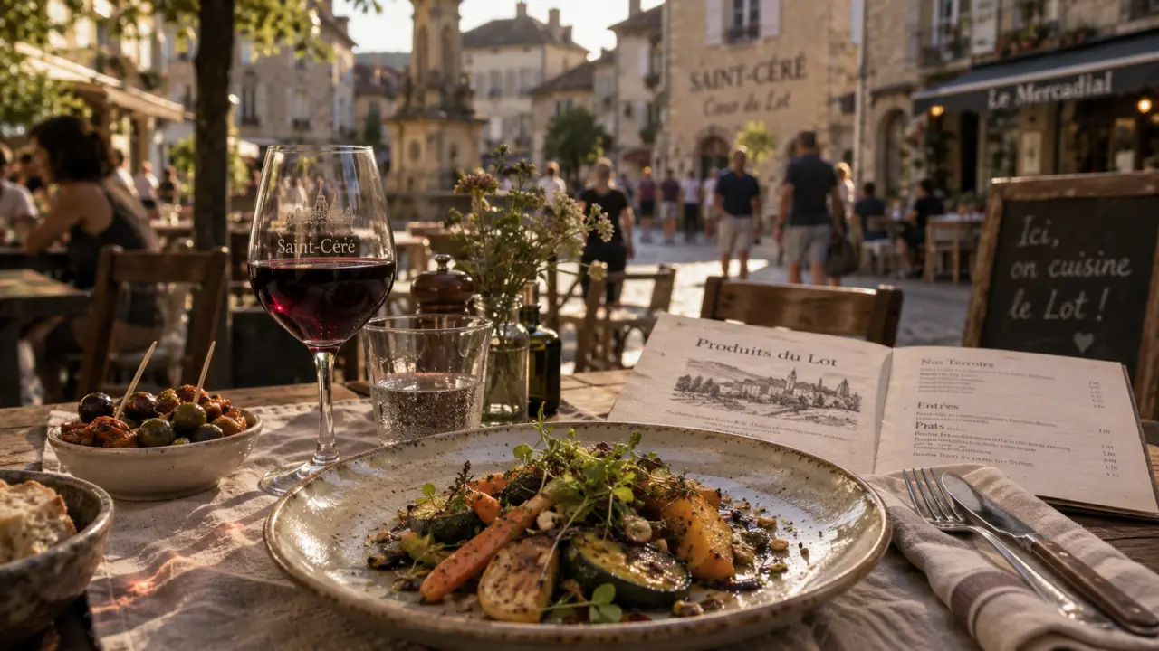 Restaurants saint cere lot près du Mercadial : assiette bistronomique et vin rouge
