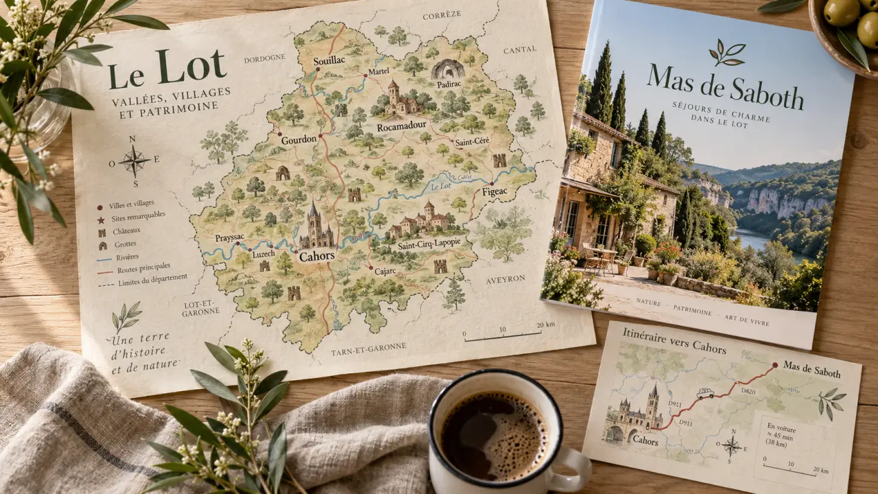 Village vacances Lot : Mas de Saboth, carte du Lot, chalets et piscines